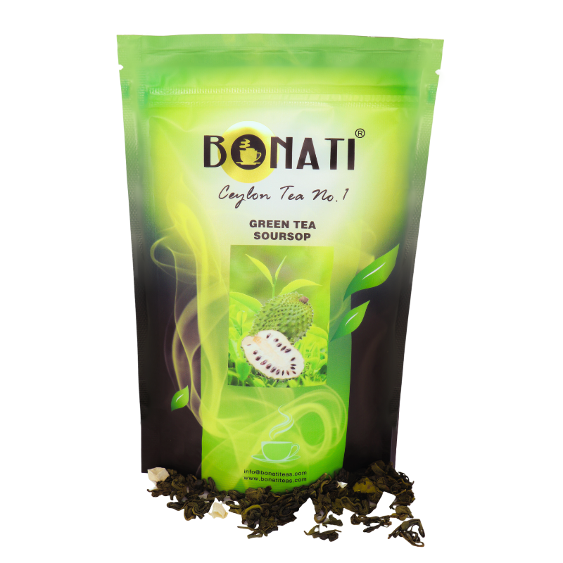 Bonati Ceylon green tea with soursop, loose leaf green tea, 100 g foil pouch with resealable lock
