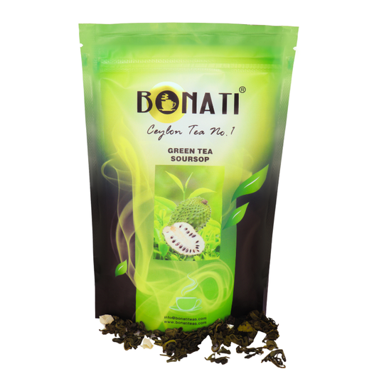 Bonati Ceylon green tea with soursop, loose leaf green tea, 100 g foil pouch with resealable lock
