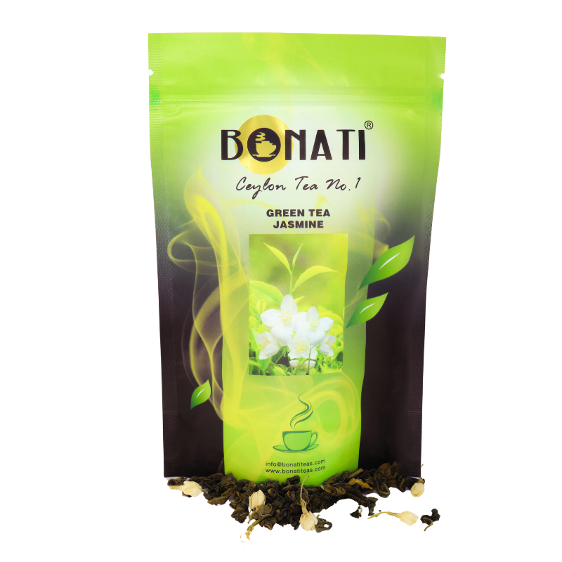Bonati Ceylon green tea with jasmine, loose leaf green tea, 100 g foil pouch with resealable lock
