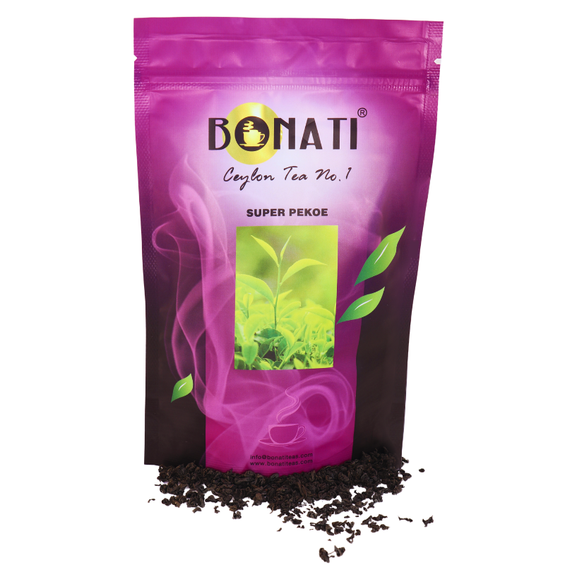 Bonati Super Pekoe Ceylon black tea, loose leaf black tea, foil pouch
