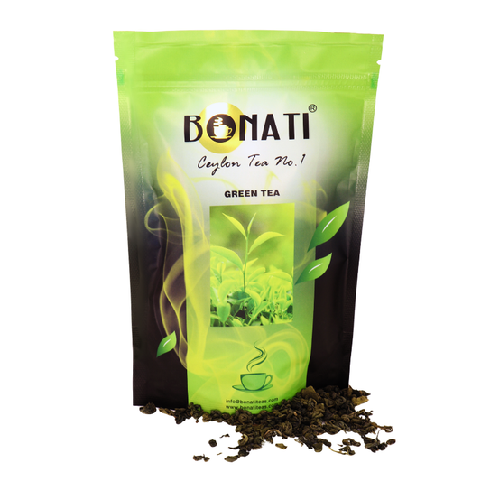 Bonati Ceylon green tea, loose leaf green tea, foil packaging
