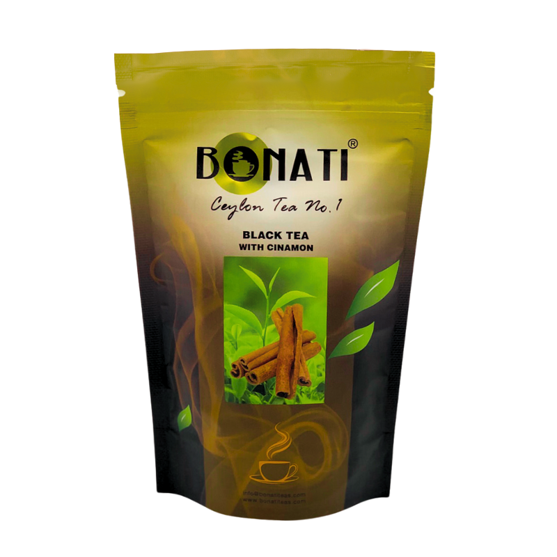 Bonati Ceylon black tea with cinnamon, loose leaf black tea, foil packaging
