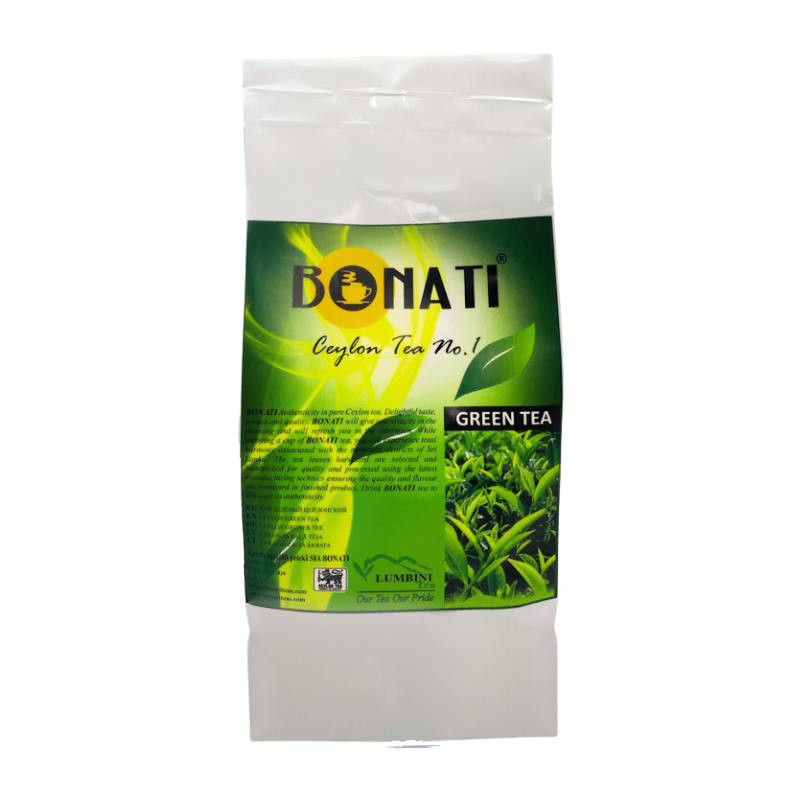 Bonati Ceylon green tea, loose leaf green tea, foil packaging
