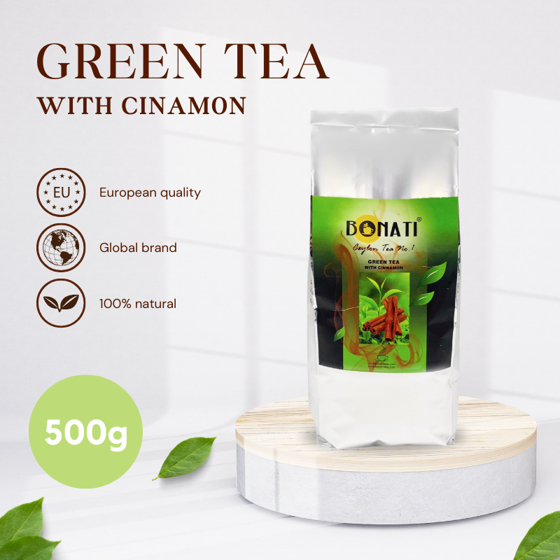 Bonati green tea with cinnamon, 100% natural loose leaf green tea, 500 g package on product display stand