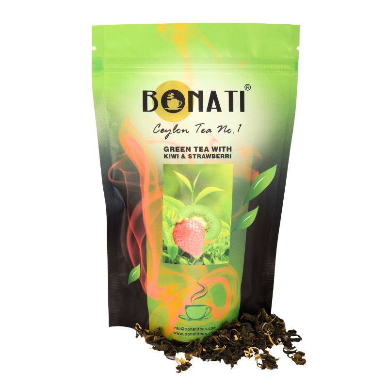 Bonati Ceylon green tea with kiwi and strawberry, loose leaf green tea, foil pouch with resealable lock
