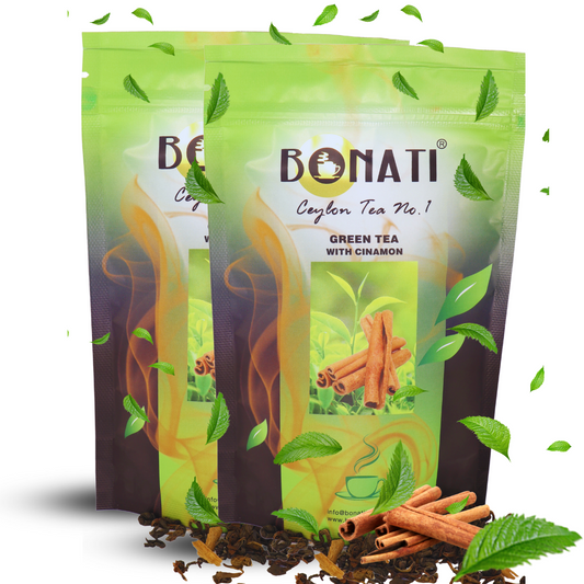 Bonati Ceylon green tea with cinnamon, loose leaf green tea, foil packaging
