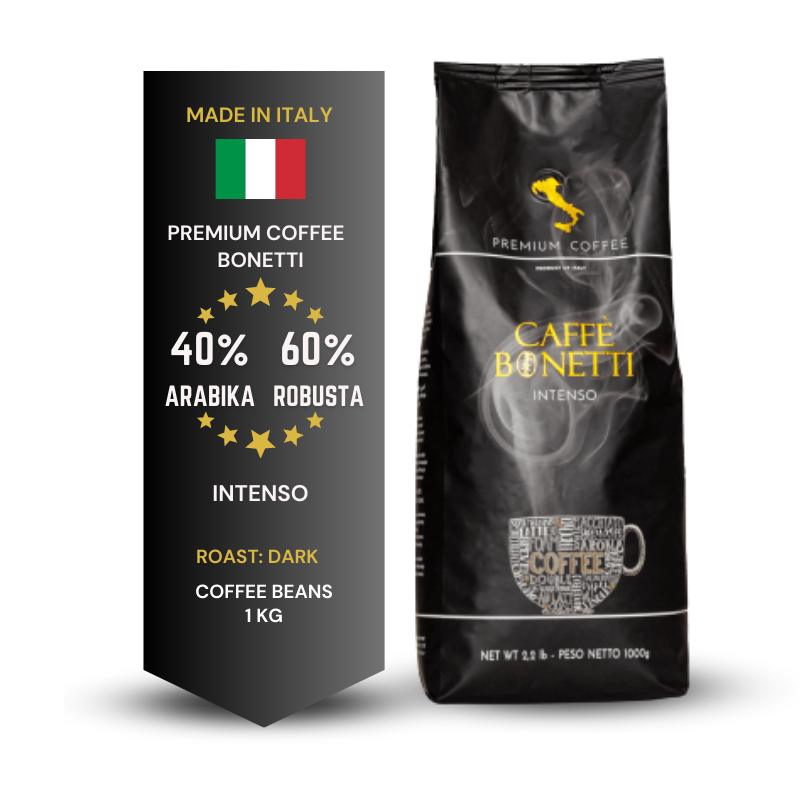 Bonetti Intenso Italian coffee beans, dark roast, 40% Arabica 60% Robusta, 1 kg premium coffee packaging
