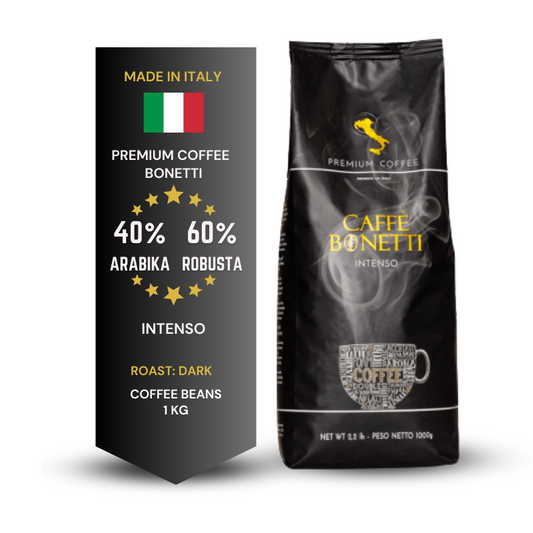 Bonetti Intenso Italian coffee beans, dark roast, 40% Arabica 60% Robusta, 1 kg premium coffee packaging
